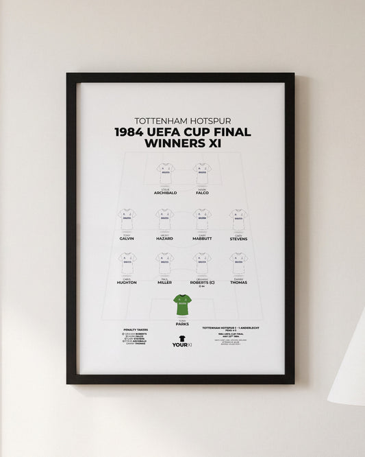 Tottenham Hotspur 1984 UEFA Cup Final Winners XI framed print, black frame on a wall