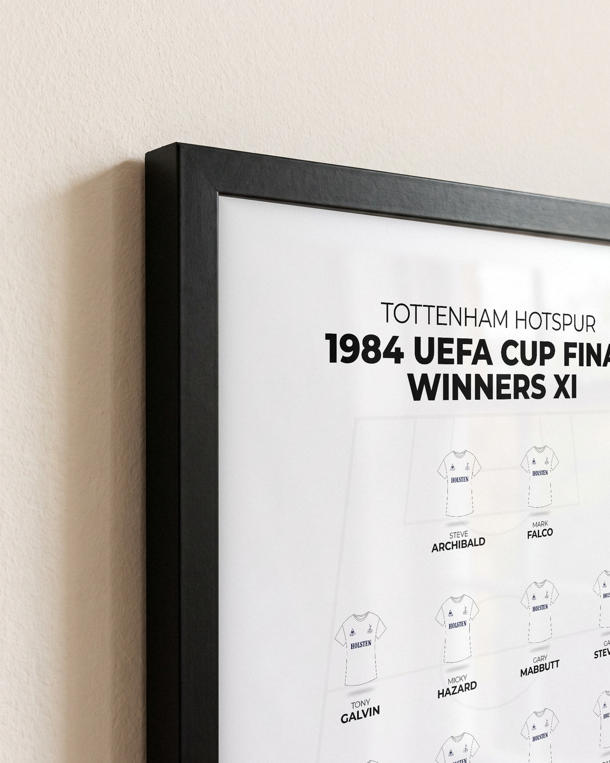 Tottenham Hotspur 1984 UEFA Cup Final Winners XI framed print, close-up of the frame corner