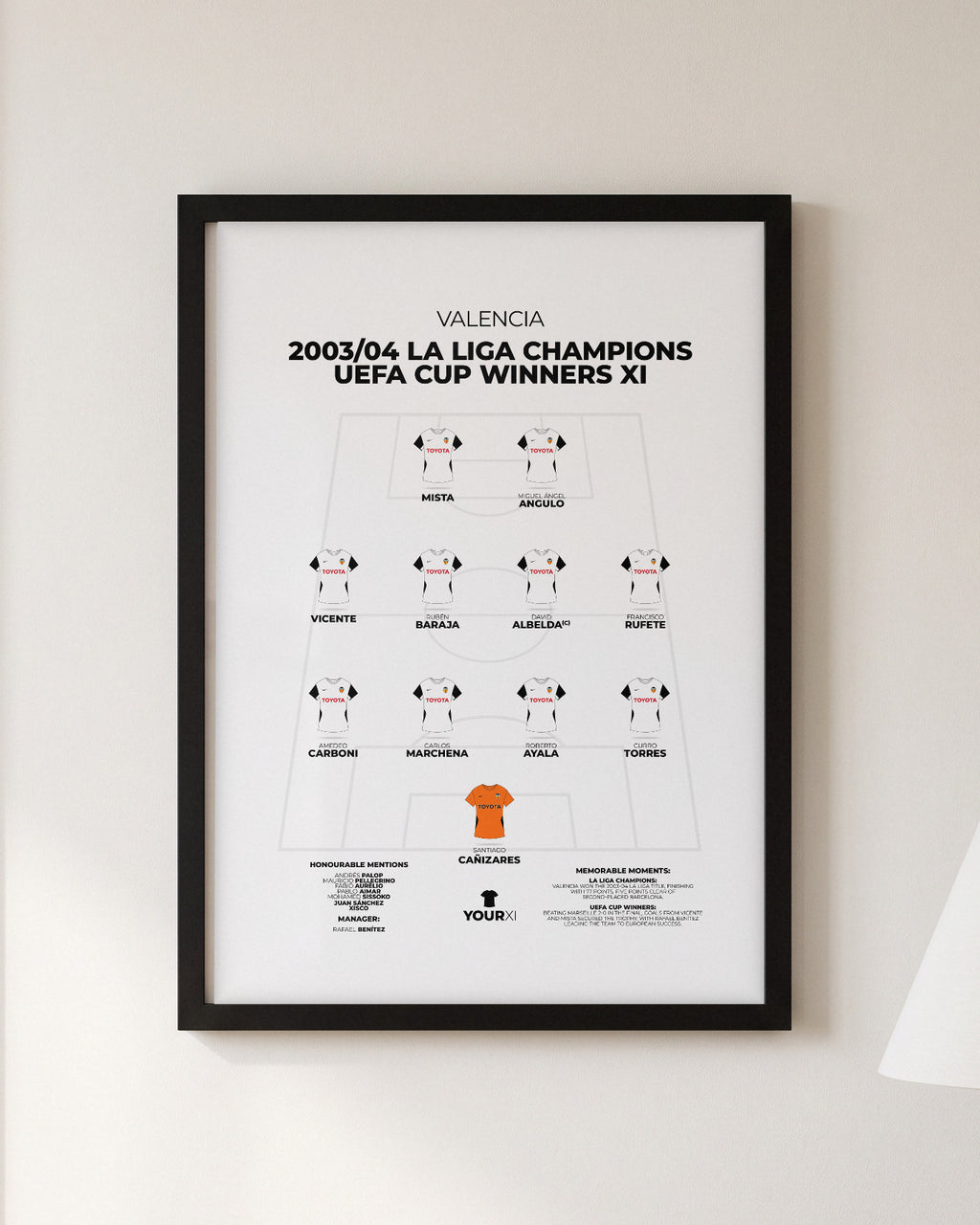 Valencia 2003/04 La Liga and UEFA Cup Winners XI framed print, black frame on a wall