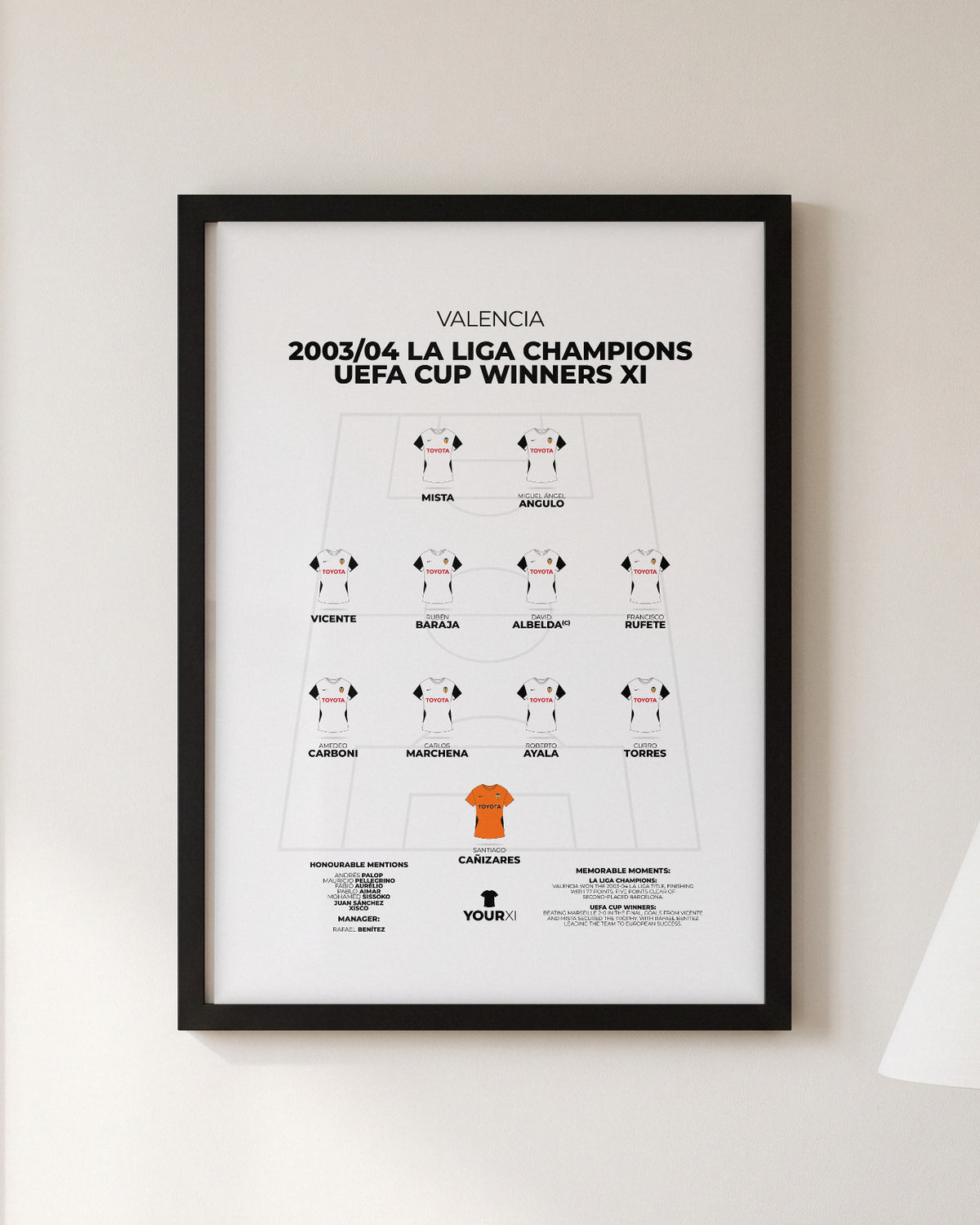 Valencia 2003/04 La Liga and UEFA Cup Winners XI framed print, black frame on a wall