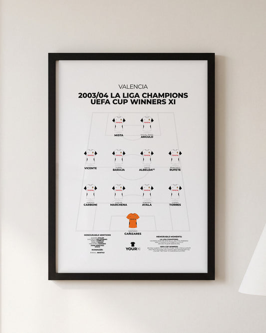 Valencia 2003/04 La Liga and UEFA Cup Winners XI framed print, black frame on a wall