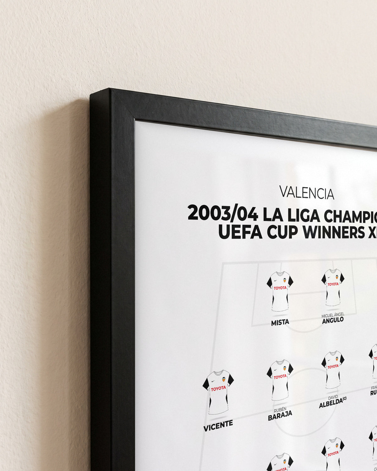 Valencia 2003/04 La Liga and UEFA Cup Winners XI framed print, close-up of the frame corner