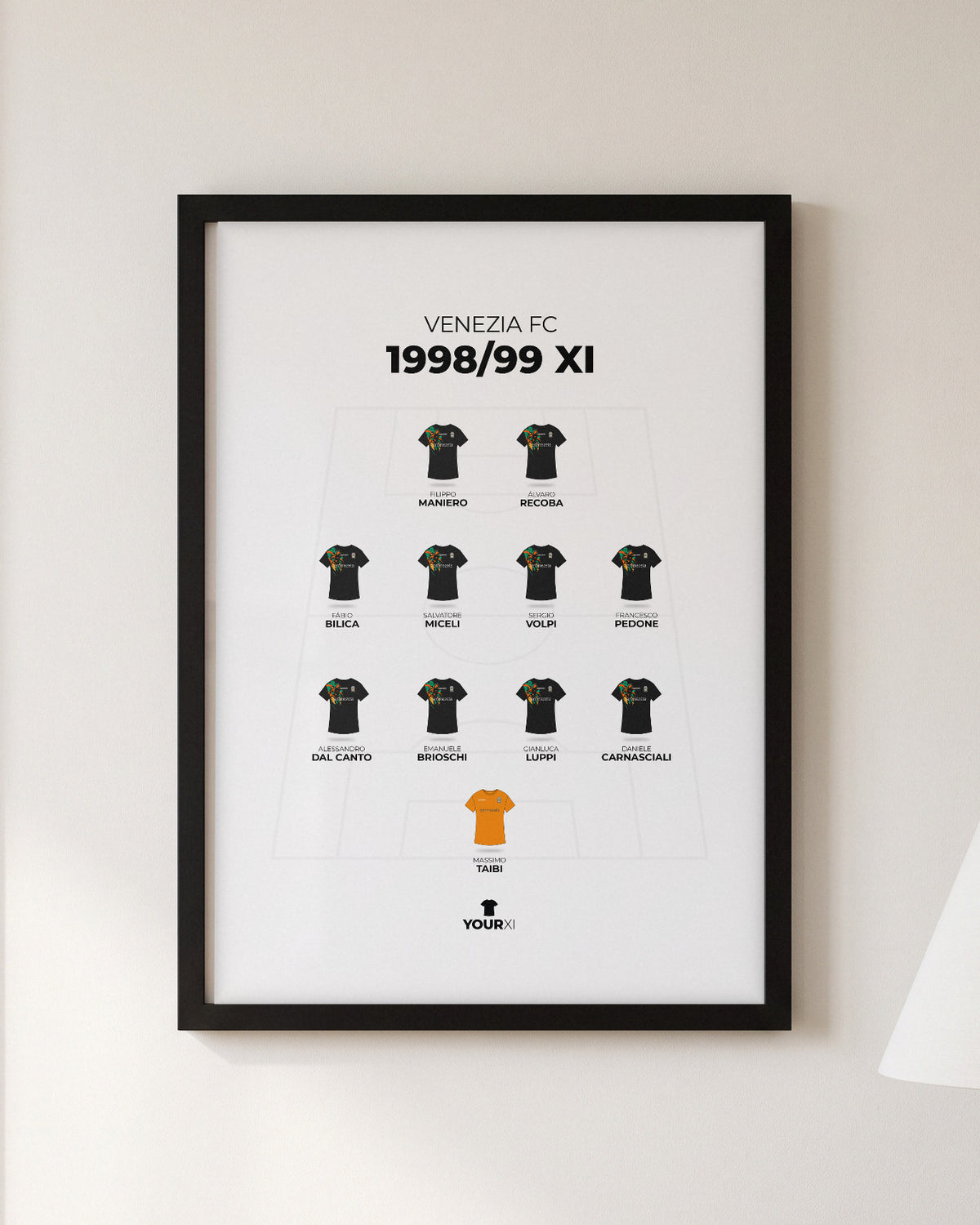 Venezia FC 1998/99 XI framed print, black frame on a wall