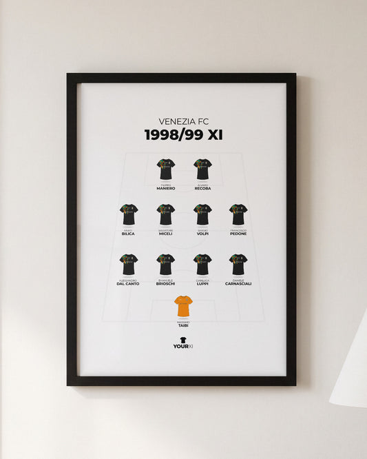 Venezia FC 1998/99 XI framed print, black frame on a wall