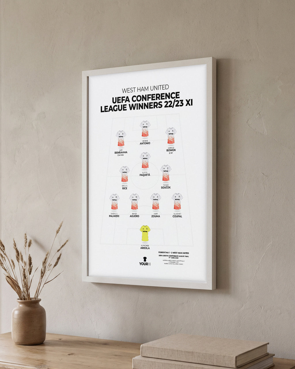 West Ham United 2023 Conference League Winners XI framed print, white frame on a wall