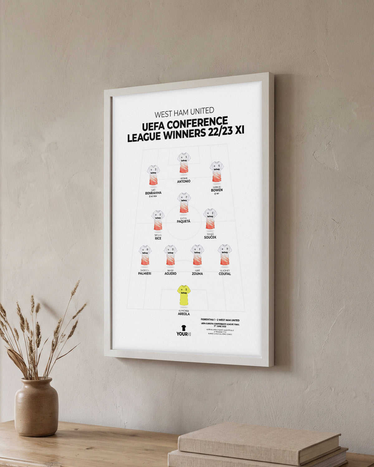 West Ham United 2023 Conference League Winners XI framed print, white frame on a wall