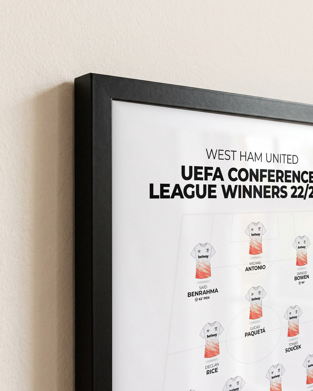 West Ham United 2023 Conference League Winners XI framed print, close-up of the frame corner