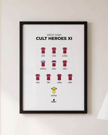 West Ham United Cult Heroes XI framed print, black frame on a wall