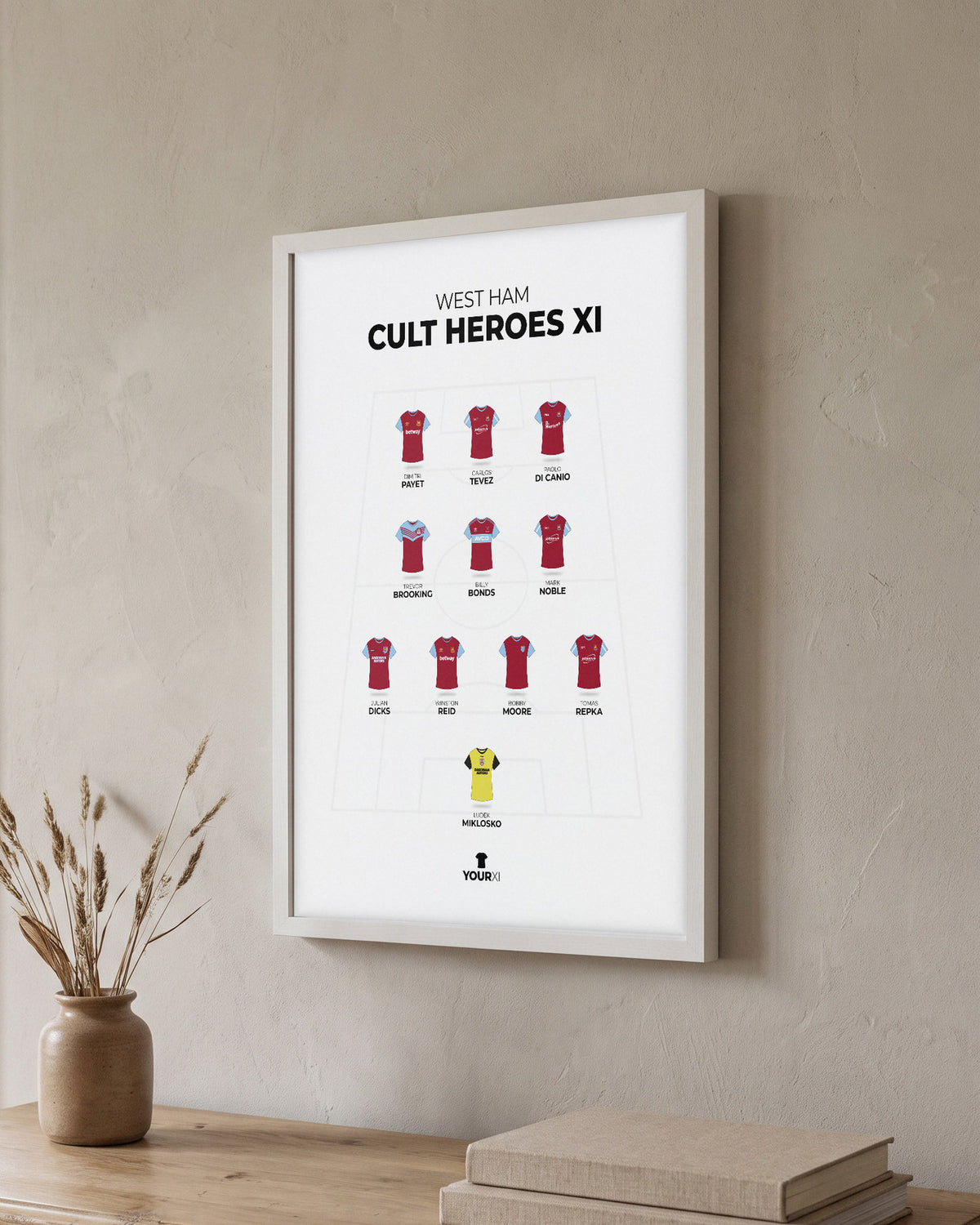 West Ham United Cult Heroes XI framed print, white frame on a wall