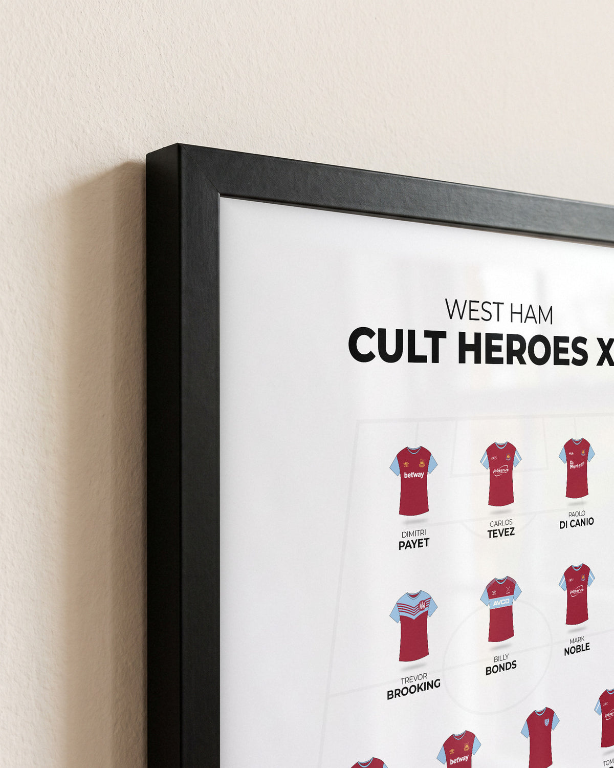 West Ham United Cult Heroes XI framed print, close-up of the frame corner