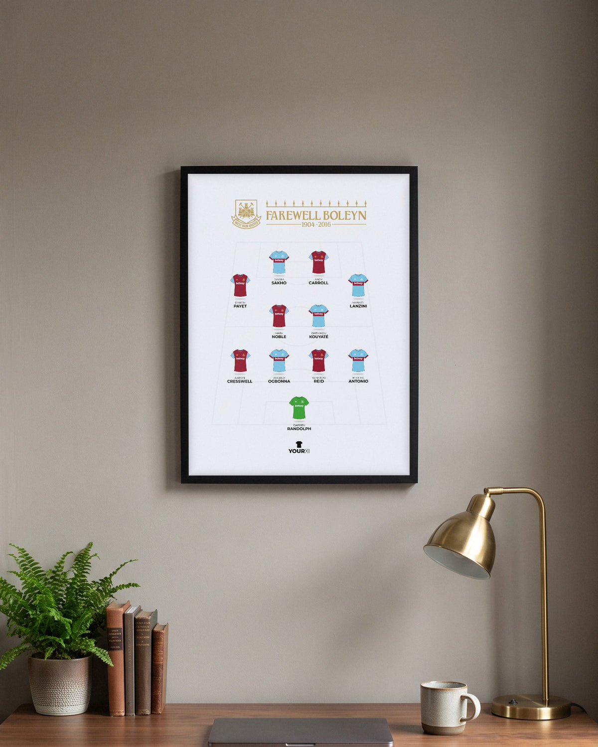 West Ham United Farewell Boleyn XI framed print, black frame above a desk