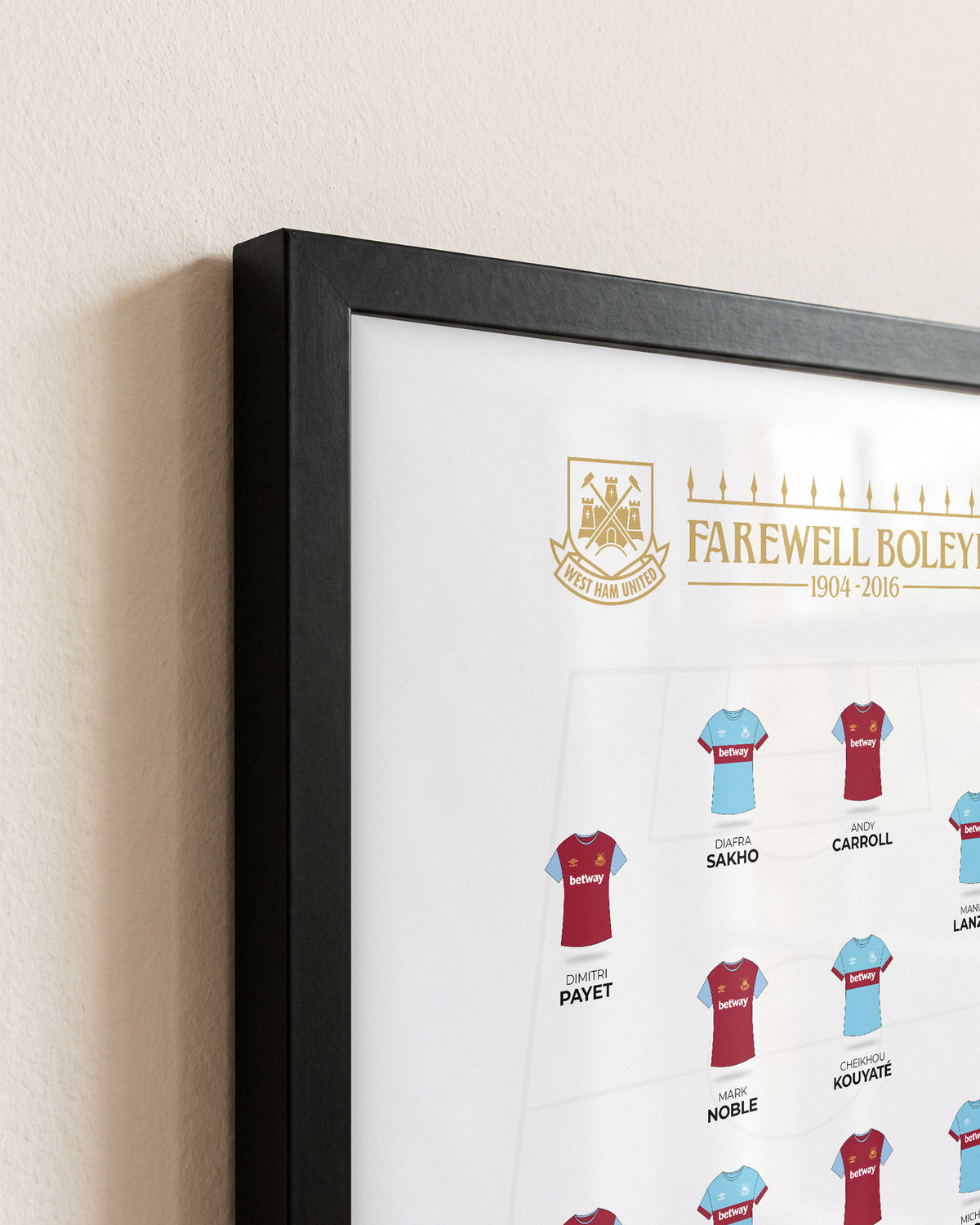 West Ham United Farewell Boleyn XI framed print, close-up of the frame corner