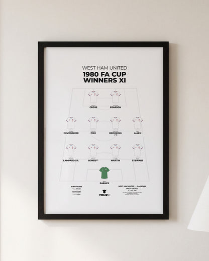West Ham United 1980 FA Cup Winners XI framed print, black frame on a wall