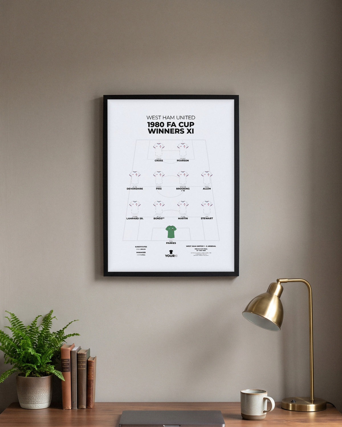 West Ham United 1980 FA Cup Winners XI framed print, black frame above a desk
