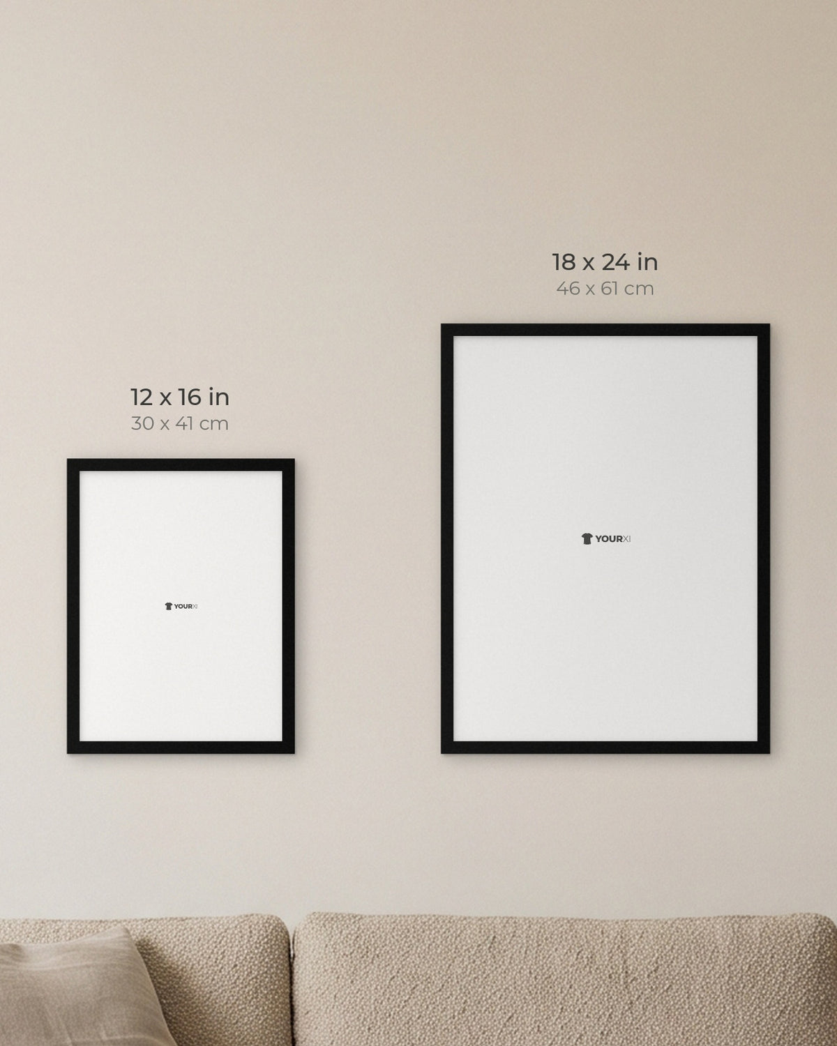 West Ham United 1980 FA Cup Winners XI framed print, 12x16 and 18x24 sizes compared above a sofa