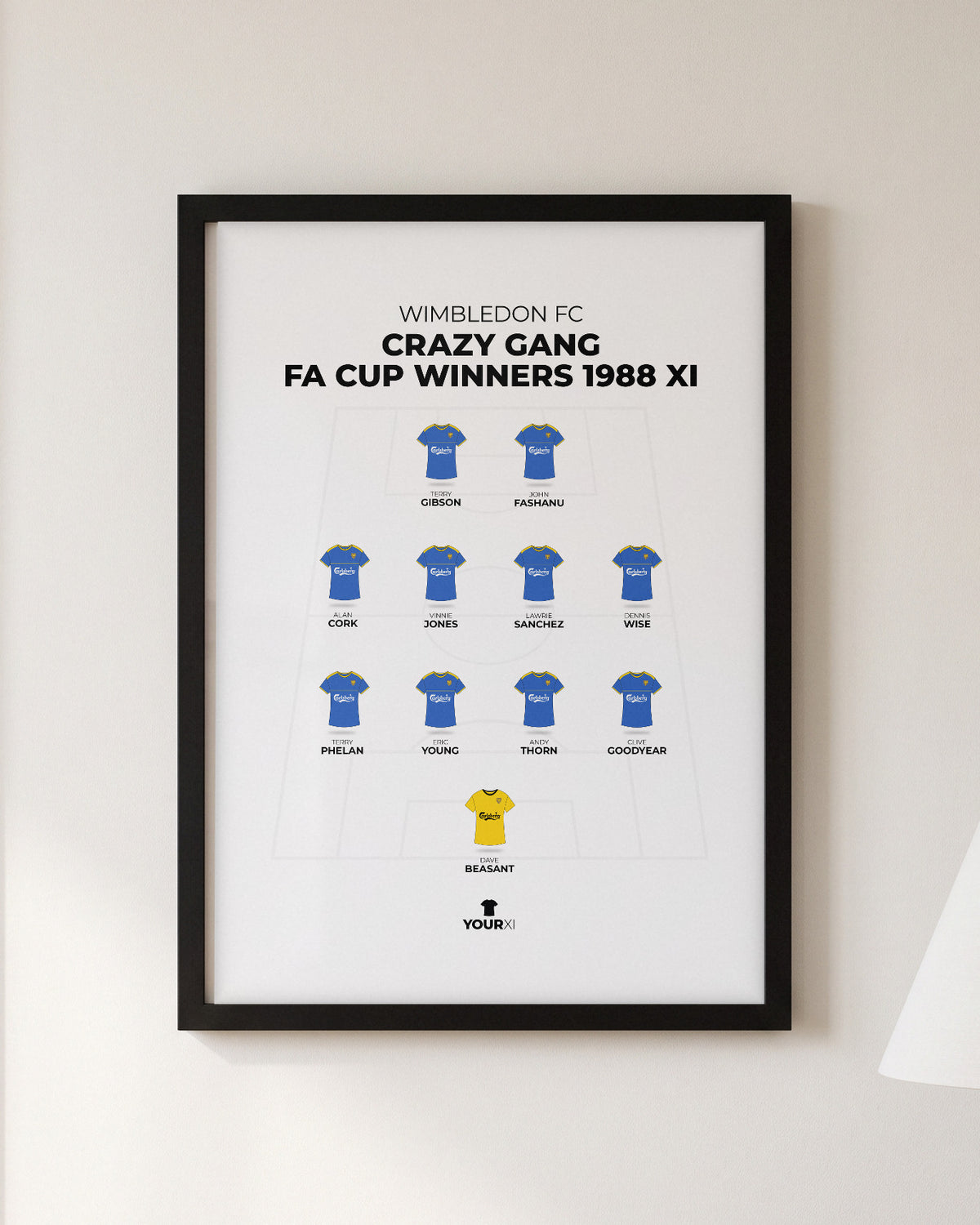 Wimbledon Crazy Gang 1988 FA Cup Winners XI framed print, black frame on a wall