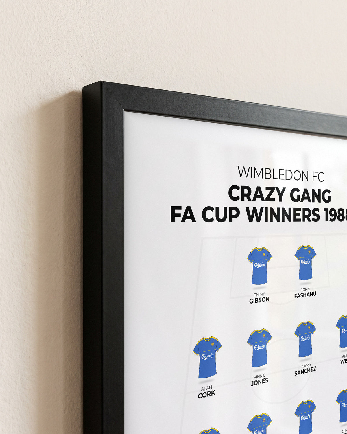 Wimbledon Crazy Gang 1988 FA Cup Winners XI framed print, close-up of the frame corner