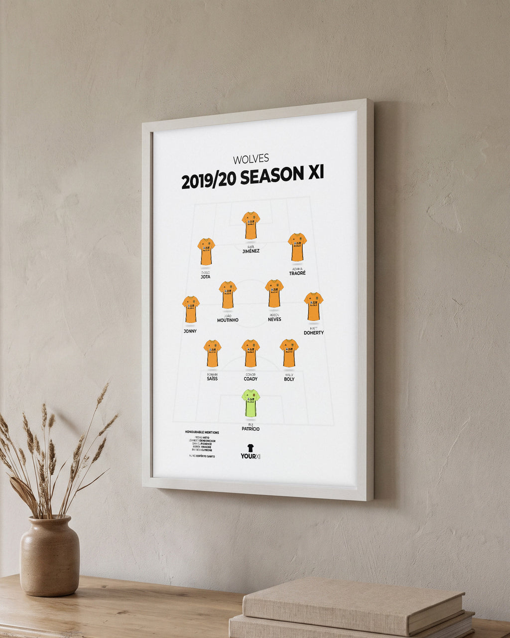 Wolves 2019/20 Season XI framed print, white frame on a wall