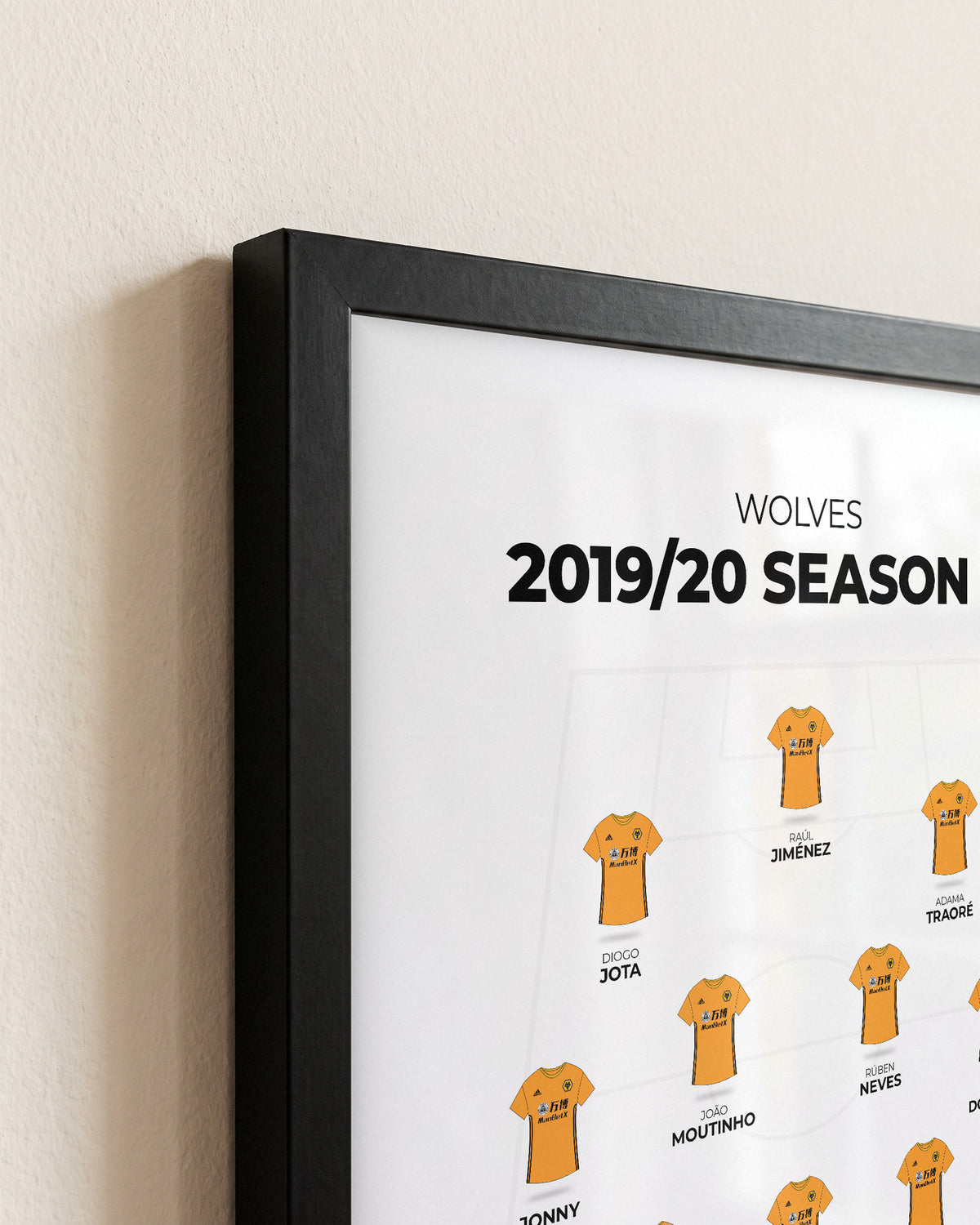 Wolves 2019/20 Season XI framed print, close-up of the frame corner