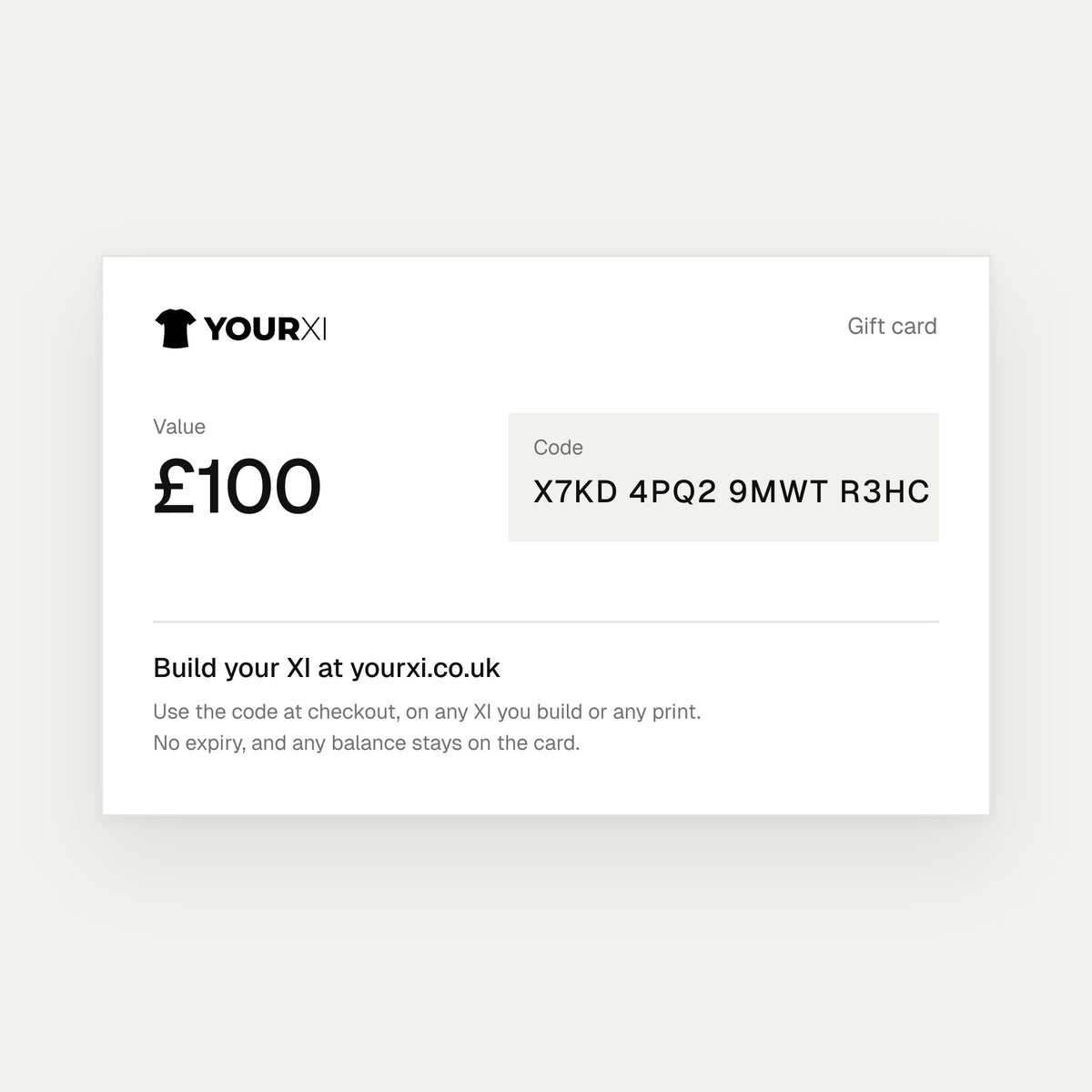 YourXI gift card, back: the amount, a gift card code and how to use it at yourxi.co.uk
