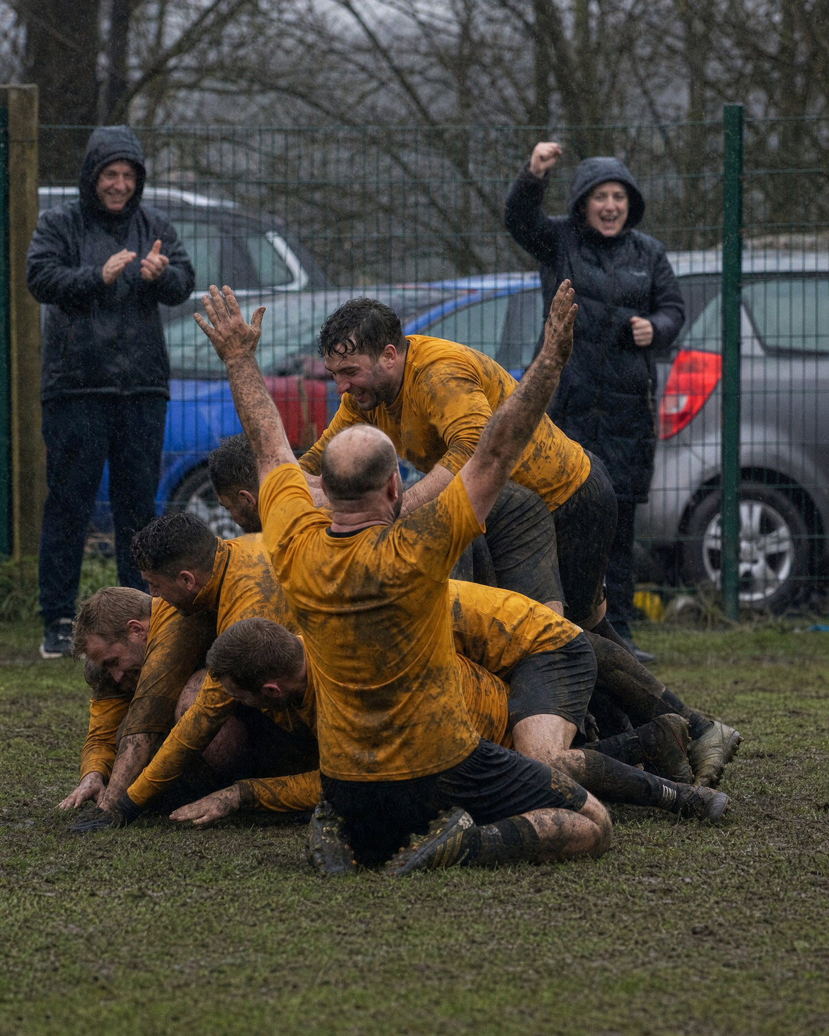 A Sunday league side piling on after a goal