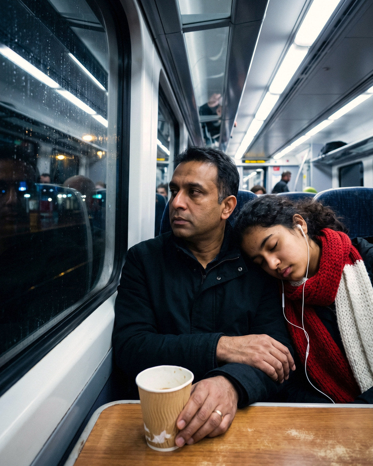 A dad and his teenage daughter asleep on his shoulder on the late train home